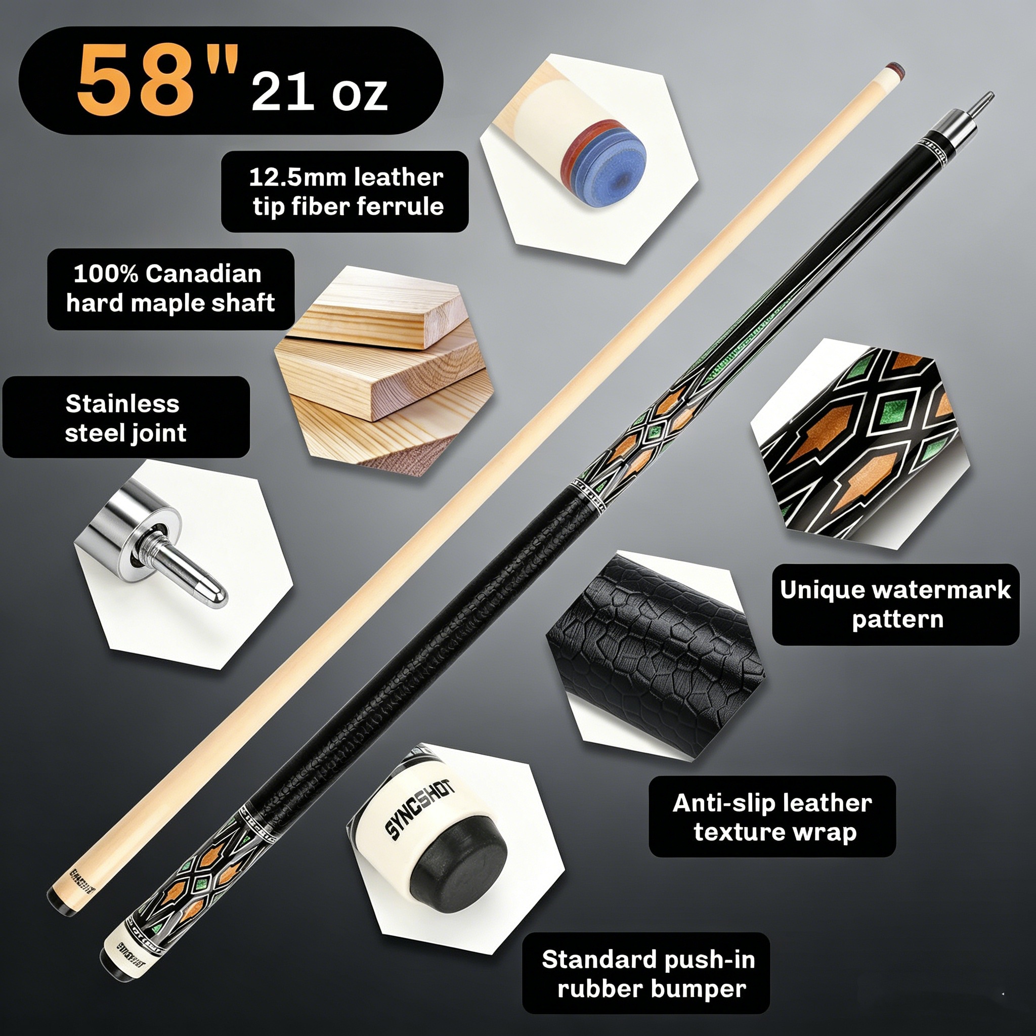 Pool Cue Stick with Hard Case, 58" Canadian Maple