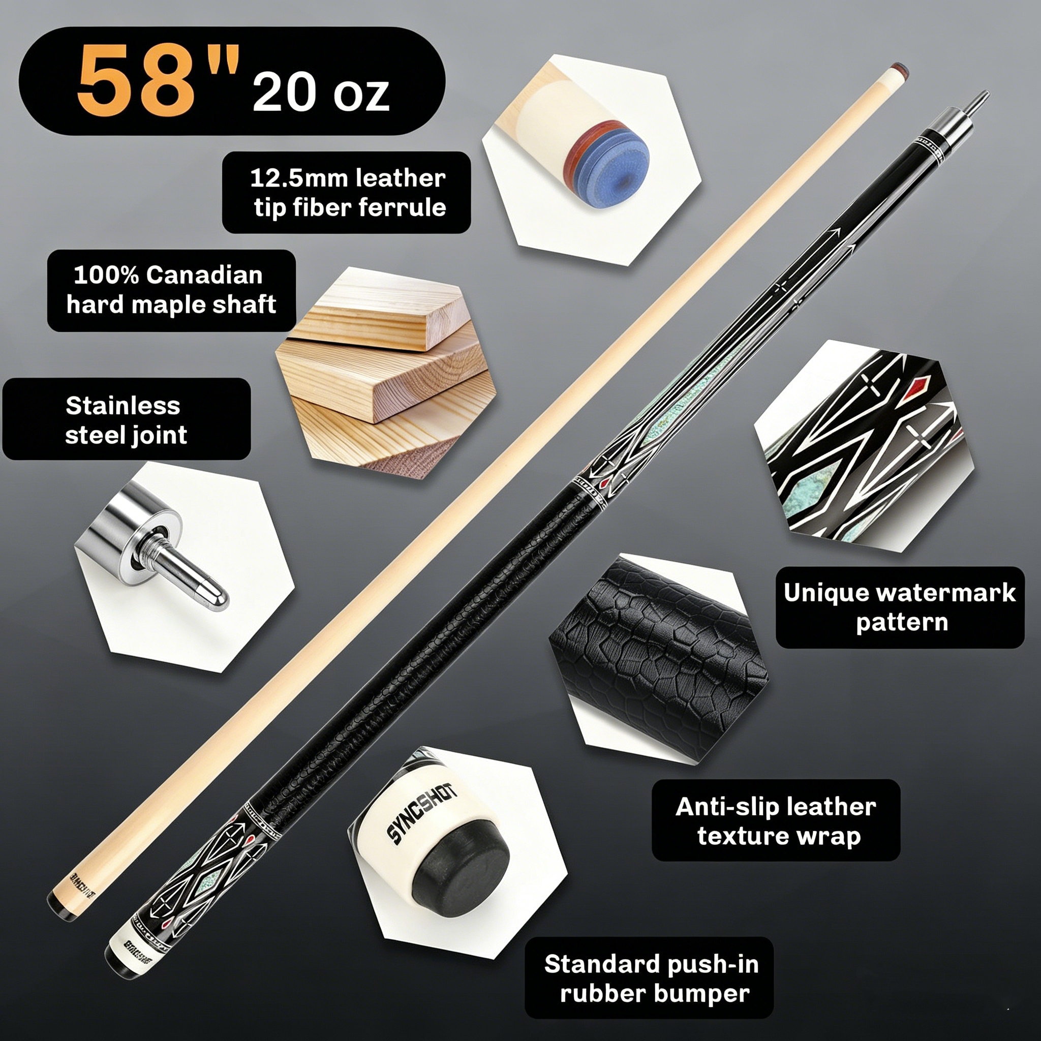 Professional Pool Cue Stick with Hard Case, 58"